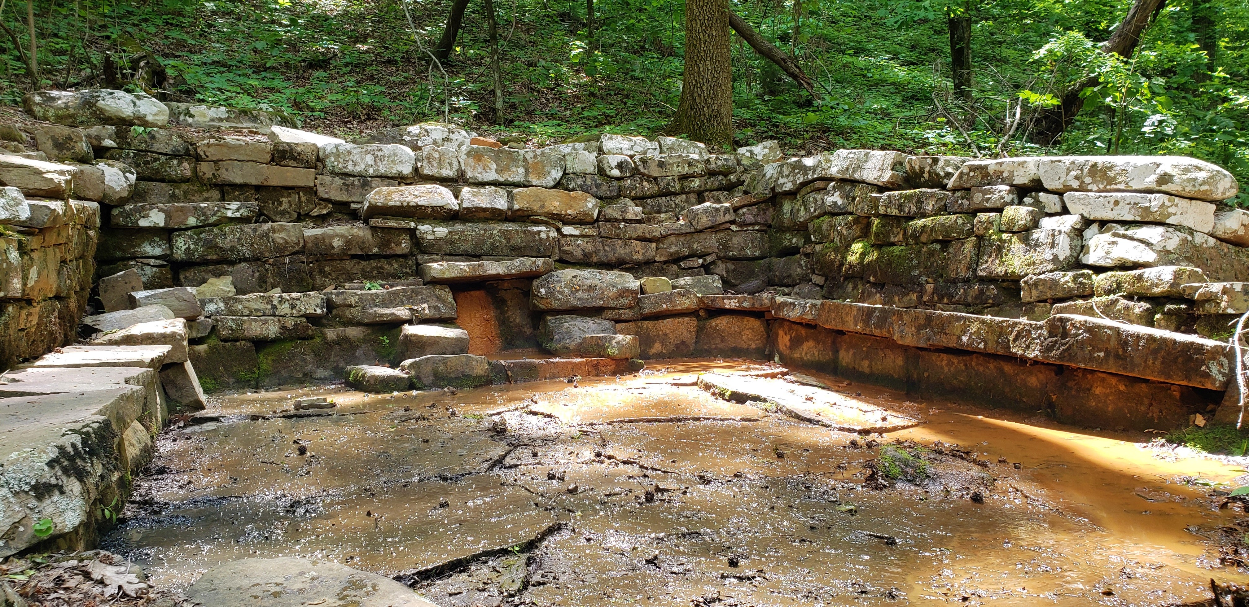 A stone foundation and holding tank for an iron spring, with forest landscape in the background